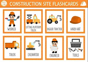 Konstruktionsstelle mit Flashcards aus Trucks, Arbeitern und Werkzeugen in einem Schutzwesten. Englische Sprachspiel für Kinder mit Industrie-Transportfahrzeugen.