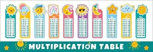 Vektorflachmultiplikationstabelle mit Wetterzeichen für Kinder. Druckbare Sticker oder Bookmarks mit süßen Sonne, lustiger Mond und Regen