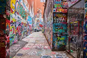 Drucke von Bunte urbane Graffiti-Gasse in Ann Arbor, Michigan Bunte Graffiti-Gasse im Zentrum von Ann Arbor, Michigan, die eine dynamische städtische Straßenkunstkultur zeigt Straßenkunst Graffiti Drucke: Lebendige städtische Graffiti-Gasse in Ann Arbor, Michigan.