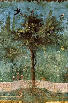 Wohnhaus von Livien, Buntmalerei im Garten, südliche kurze Wand, Pflanze mit Vögeln