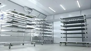 Lager mit Holzrahmen. Aktion. Modern ausgestattetes Lager für Trocknung lackierter Holzerzeugnisse in Industrieunternehmen. Helle Beleuchtung im Trockenlager