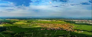 Breite luftgestützte hohe Auflösung panoramische Sicht auf Sonnenuntergang über die grüne Talaue mit Weinbergen in Elsass/Frankreich