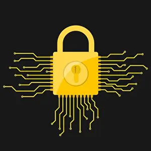 Gelber elektronischer Schloss-Icon in Flachdesign. Vektor-Illustration. Konzept für Informationsicherheit, auf schwarzem Hintergrund.