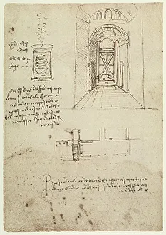 Renaissance Architecture Plans Drucke: An architectual plan and a fire-lighting machine