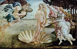 Drucke von Ein Meisterwerk der Renaissance: Eine Göttin entsteht aus den Wellen, umschlungen von Liebe und Schönheit Sandro Botticelli Drucke: Die Geburt der Venus in der Galleria degli Uffizi, Florenz