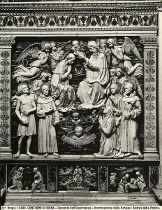 Drucke von Koronation der Gottesmutter. Gefirnerte Terrakotta von Andrea della Robbia, in der Kirche dell'Osservanza bei Siena aufbewahrt Andrea Della Robbia Drucke: Kirche der Observanz