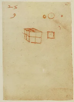 Ein Kubus, ein Quadrat und einige Kreise; Zeichnung aus dem Codice Forster II, c.17r