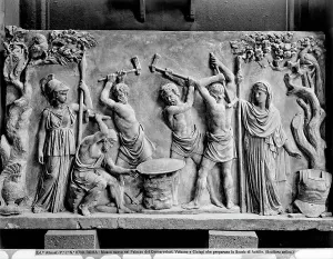 Ancient European Civilization Artifacts Drucke: The Cyclops in the Forge of Vulcan prepare the shield of Achilles
