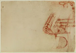 Leonardo da Vincis Entwurf für ein mechanisches Gerät; Illustration aus dem Codice Forster II, Blatt 23r