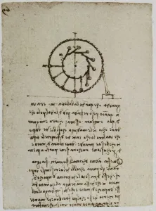 Ein Entwurf über den Kreisbewegung eines Gewichts; Seite 90v aus dem Codex Forster II, im Victoria and Albert Museum in London aufbewahrt.