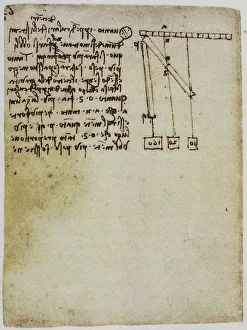 Leonardo da Vincis Studien über die Länge von Seilen für Hebel; Seite 96v aus dem Codex Forster II, im Victoria and Albert Museum in London aufbewahrt.