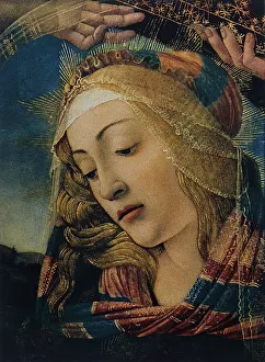 Drucke von Ein Detail der Madonna del Magnificat, ein Meisterwerk des florentinischen Renaissance-Künstlers. Die sanfte Gestalt der Maria ist in einer Atmosphäre von Stille und Gebet eingebettet Sandro Botticelli Drucke: Botticellis Madonna del Magnificat: Detail der Volto della Vergine