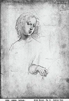 Renaissance Female Figures Drucke: Female head and hand. Study by Raphael, in the British Museum in London