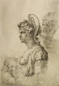 Drucke von Ein Bild der Eleganz und Majestät, Cleopatra thront in majestätischer Haltung, ihr Gesichtszug ein Meisterwerk der Schönheit Michelangelo Drucke: Cleopatra nach Alinari