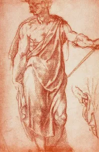 Drucke von Ein Meisterwerk der Renaissance: Ein junger Mann in einem prächtigen Gewand, von Michelangelos federnden Linien geformt Michelangelo Buonarroti Drucke: Studio di figura virile ammantata, disegno di Michelangelo Buonarroti