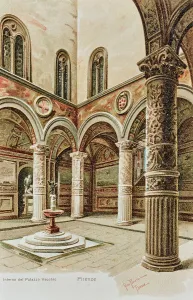 Palazzo Vecchio Florence Drucke: Florence, inside the Palazzo Vecchio, drawing by Gino Panerai, postcard, color printing