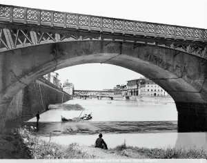 Middle Ages European Landmarks Drucke: View of the River Arno with the Ponte Vecchio and a digger at work, Florence