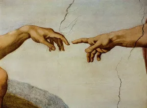 Drucke von Die Hände Adams und Gottes. Besonderes: Affresko von Michelangelo Buonarroti (1475-1564). Kapelle des Heiligen Stuhls im Vatican-Museum in der Stadt des Heiligen Sitzes Michelangelo Buonarroti Drucke: Vatikanische Museen, Kapelle des Gottesvaters