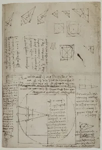 Leonardo da Vincis geometrische und gravitationsbezogene Notizen aus dem Codice Arundel 263, Blatt 72v im British Museum in London.