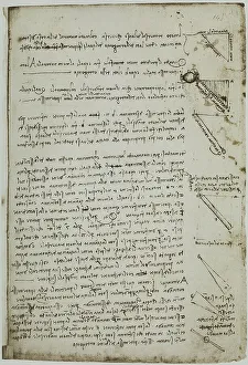 Leonardo da Vincis Appunti über Bewegung; Handschrift aus dem Codex Arundel 263, c.143r, im British Museum in London aufbewahrt