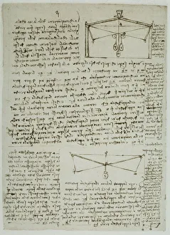 British Museum London Collection Drucke: Notes on weights and levers, written by Leonardo da Vinci