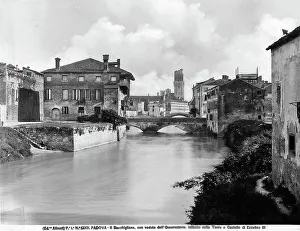 Riverbank Landscape Photography Drucke: Panoramic view of Padua with a glimpse of the Tower of the Observatory in the background