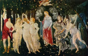 Drucke von Ein Monument der Renaissancekunst: Eine junge Frau, umgeben von Blumen und Früchten, tanzt in einem Garten voller Leben und Farben Sandro Botticelli Drucke: Botticellis La Primavera in der Galleria degli Uffizi in Florenz