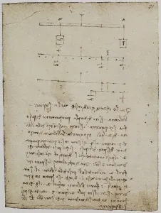 Leonardo da Vincis Studien über das Gleichgewicht von Gewichten; Blatt aus dem Codex Forster II, c.81r, im Victoria and Albert Museum in London aufbewahrt