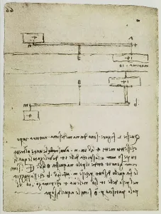 Studie zu zwei Gewichten, die an Asten gleicher Länge befestigt sind; Blatt aus dem Codex Forster II, c.93v