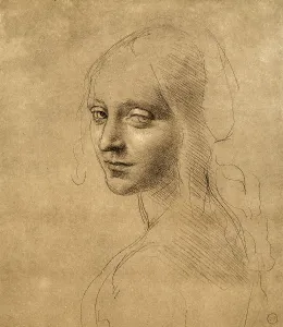 Studio für das Gesicht des Engels der Madonna der Felsen; Bleistiftzeichnung auf vergilbter Papier, entwurf von Leonardo da Vinci und im Königlichen Archiv in Turin.