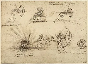 Renaissance Baroque Period Art Drucke: Study of cannonballs and shields with crossbows