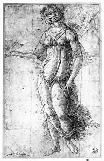 Female Characters In Art Drucke: Study of a draped female figure with a shell in one hand. Drawing located in the Uffizi