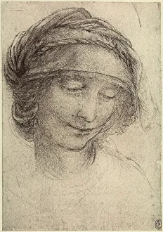 Drucke von Ein Studienblatt für das Gesicht der Heiligen Anna, ein Bleistiftzeichnung auf weißem Papier, gezeichnet von einem Meister der Renaissance und heute in einer königlichen Bibliothek aufbewahrt Leonardo Da Vinci Drucke: Studio für das Gesicht von Sant'Anna; Kohlezeichnung auf weißem Papier.