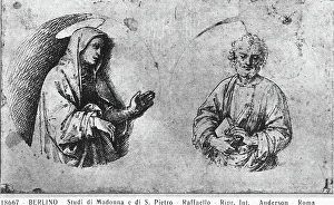 Renaissance Baroque Styles Period Drucke: Study of a Madonna and a St. Peter. Drawing attributed to Raphael, in Berlin