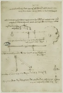 Ein Studienblatt über Physik von Leonardo da Vinci, aus dem Codice A (2172), c.2v, im Besitz des Istituts der Französischen Akademie in Paris.