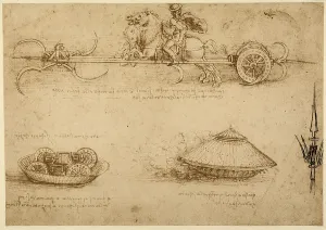 Studio für einige Angriffs- und Panzerwagen mit Sicheln, abgedeckten Wagen und einem Lanzen; Bleistiftzeichnung auf vergilbter Papier, im British Museum in London aufbewahrt.