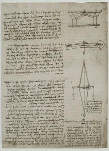 Studio di pesi, scritto di Leonardo da Vinci, Codice Arundel 263, c.118v, British Museum in London