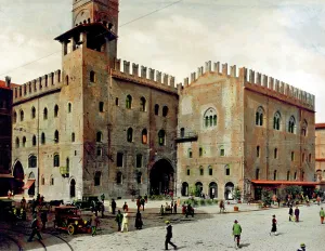 Die besetzte Piazza des Piazza Maggiore in Bologna mit dem Palast von König Enzio