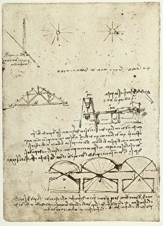 Leonardo da Vincis Entwurf für eine Wasseruhr und Fensterprojekte für einen Keller: Zeichnung aus dem Codice B (2173), c.20v, im Institut de France in Paris aufbewahrt