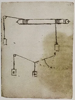 Renaissance Artwork Europe Drucke: Weights and levers, drawing from the Codex Forster II