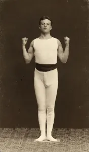 Early 20th Century Sportswear Drucke: Portrait of a young athlete before he performs an exercise