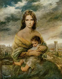 Drucke von Ein Bild der Einfachheit und Schönheit, eine junge toskanische Mutter mit sanften Zügen und einem Lächeln, das die Seele berührt Zeitgenössische Kunst Drucke: Toscane Mutter in traditioneller Kleidung
