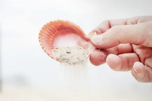 Das Gießen von Sand mit Muschelshale