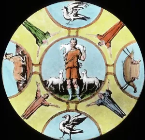Deckengemälde mit dem guten Hirten in den Katakomben an der Via Appia in Rom, Italien.