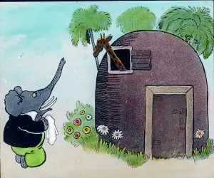 Eine historische Comic-Illustration aus den 1910er Jahren, die ein Märchen über einen kleinen Elefanten namens Billy erzählt. Die Szene zeigt Billy, der sich vor Dolorosas Elternhaus aufhält und ihr eine Serenade spielt.