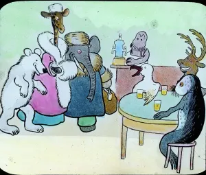 Eine historische Comic-Illustration aus dem Jahr 1910s, die eine lustige Geschichte von einem kleinen Elefanten namens Billy zeigt, der in einem Hotel und Restaurant mit verschiedenen Tieren wie Rentieren, Walen, Robben und Möwen zusammenkommt.