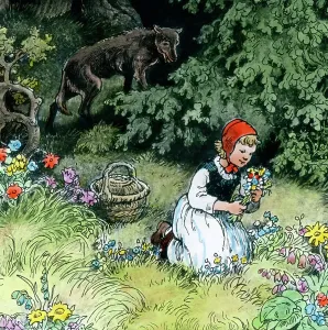 Ein handfarbener Glas-Schuss von Carl Simon aus dem 20. Jahrhundert, darstellend das Märchen "Rotkäppchen" der Brüder Grimm.