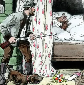 Historische Darstellung von Rotkäppchen und dem bösen Wolf in einer handgefärbenen Glasplatte aus der Zeit um 1910-1920.