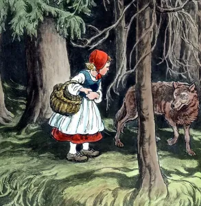 Ein Handkolorierter Glas-Schleifenausschnitt aus dem 20. Jahrhundert, der die Geschichte von Rotkäppchen und dem bösen Wolf darstellt.