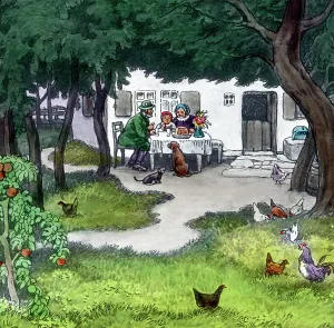 Deutsche Märchen-Illustration: Rotkäppchen und der böse Wolf aus dem 20. Jahrhundert